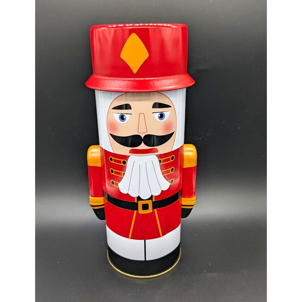 Nutcracker Soldier Shaped Advertising Tin Canister w/ Lid, Red White Black Gold